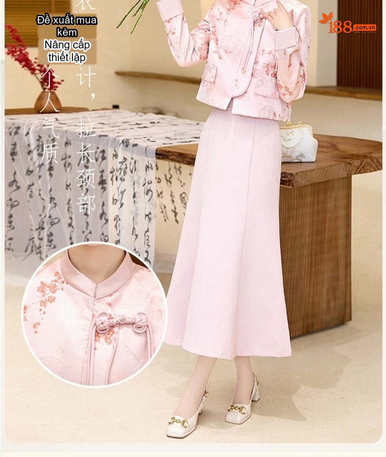 Set Áo Khoác Tiểu Hương Nữ Cổ Tàu Tay Lỡ Và Chân Váy Đuôi Cá Màu Hồng chi tiết 5