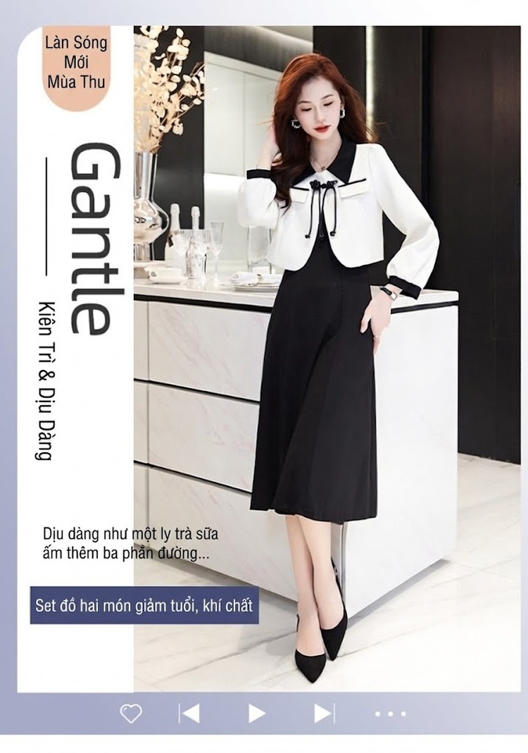 Set Áo Khoác Tiểu Hương Nữ Thiết Kế Áo Lửng và Váy Liền Phong Cách Trung Hoa Màu Trắng, Đen chi tiết 1
