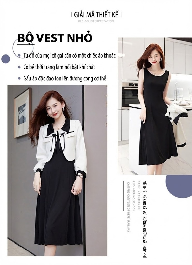 Set Áo Khoác Tiểu Hương Nữ Thiết Kế Áo Lửng và Váy Liền Phong Cách Trung Hoa Màu Trắng, Đen chi tiết 2