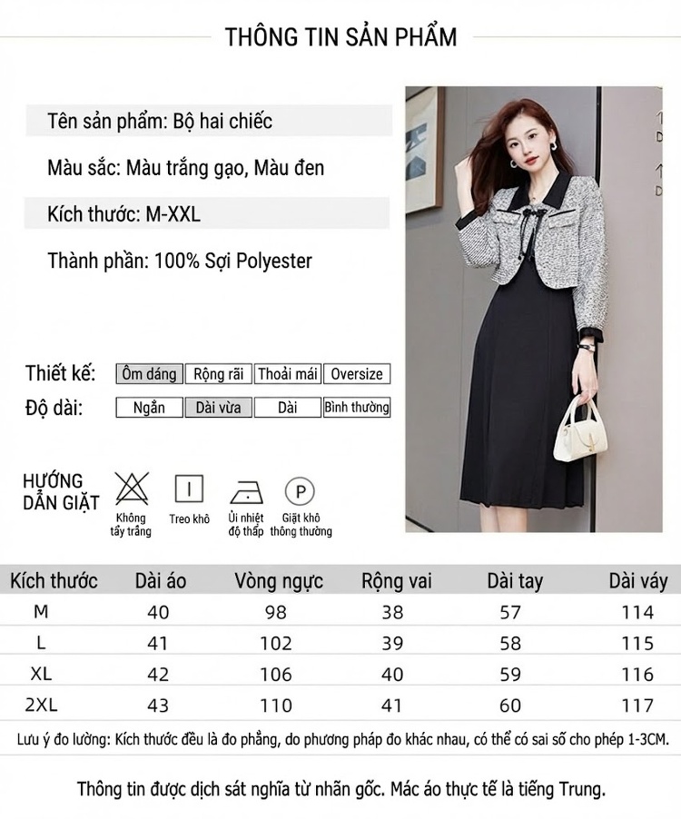 Set Áo Khoác Tiểu Hương Nữ Thiết Kế Áo Lửng và Váy Liền Phong Cách Trung Hoa Màu Trắng, Đen chi tiết 9
