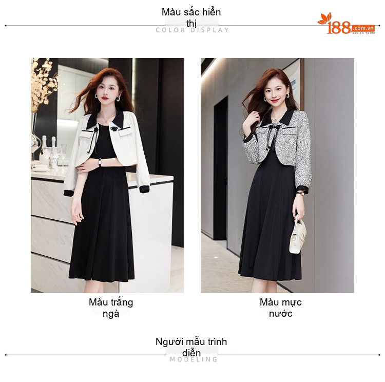 Set Áo Khoác Tiểu Hương Nữ Thiết Kế Áo Lửng và Váy Liền Phong Cách Trung Hoa Màu Trắng, Đen chi tiết 10