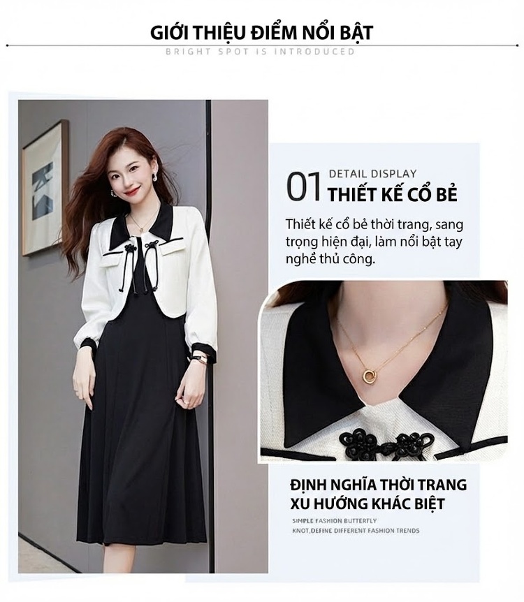 Set Áo Khoác Tiểu Hương Nữ Thiết Kế Áo Lửng và Váy Liền Phong Cách Trung Hoa Màu Trắng, Đen chi tiết 5