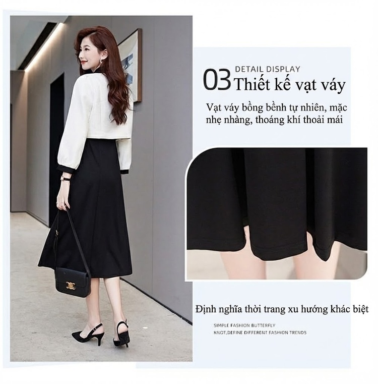 Set Áo Khoác Tiểu Hương Nữ Thiết Kế Áo Lửng và Váy Liền Phong Cách Trung Hoa Màu Trắng, Đen chi tiết 7