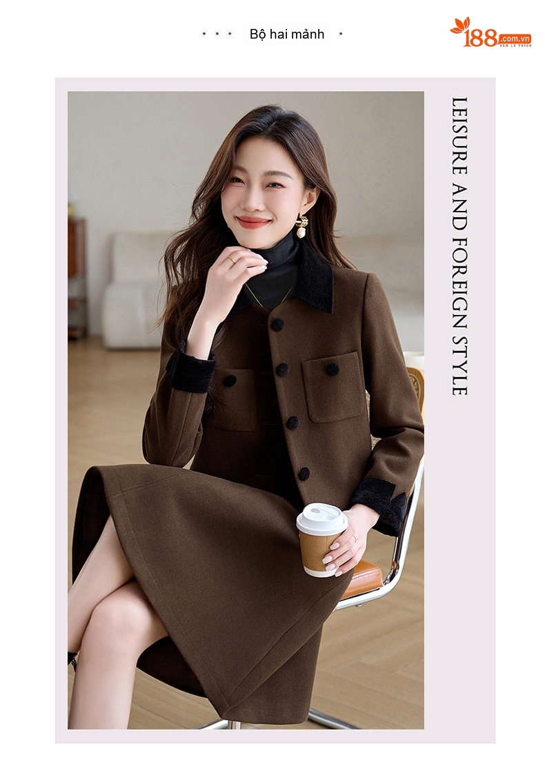 Set Áo Khoác Tiểu Hương Nữ Và Chân Váy Ngắn dáng chữ A Cổ Màu Phối chi tiết 2