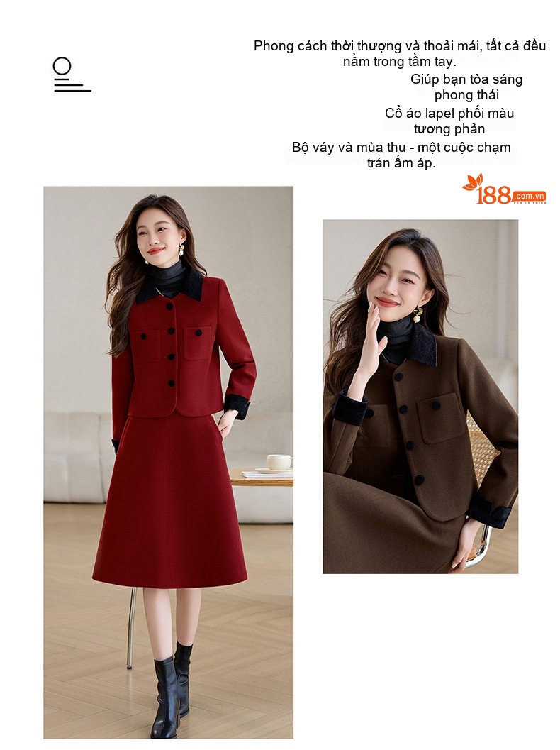 Set Áo Khoác Tiểu Hương Nữ Và Chân Váy Ngắn dáng chữ A Cổ Màu Phối chi tiết 3