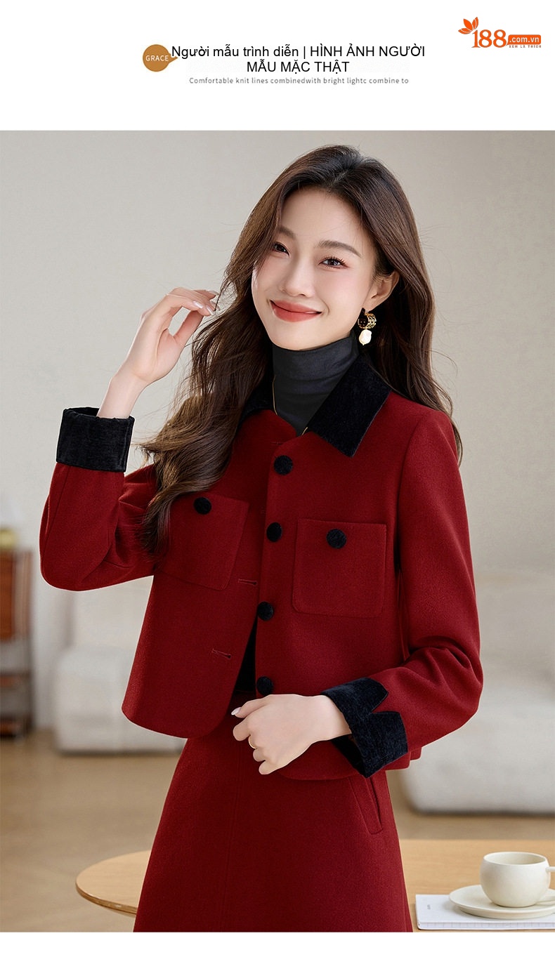 Set Áo Khoác Tiểu Hương Nữ Và Chân Váy Ngắn dáng chữ A Cổ Màu Phối chi tiết 14
