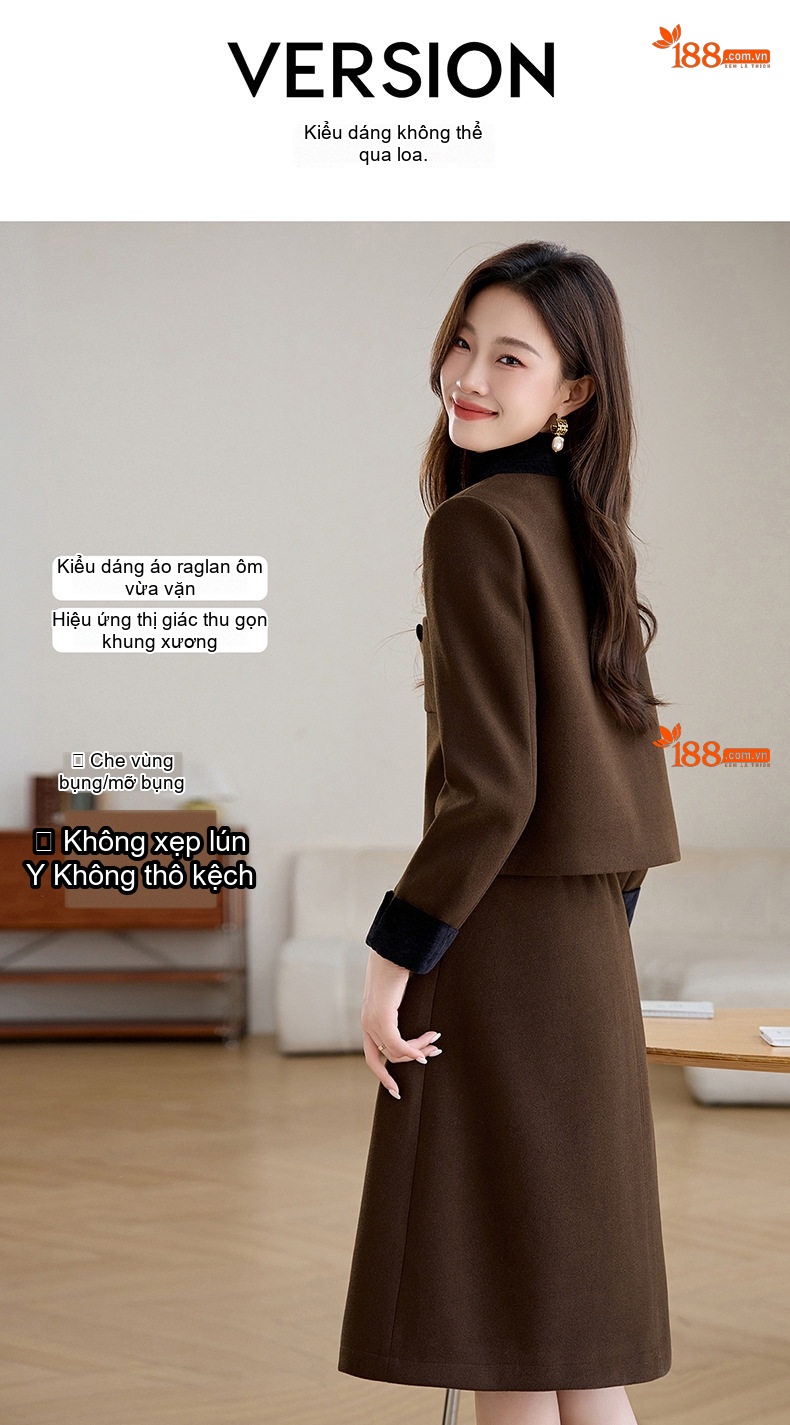 Set Áo Khoác Tiểu Hương Nữ Và Chân Váy Ngắn dáng chữ A Cổ Màu Phối chi tiết 9