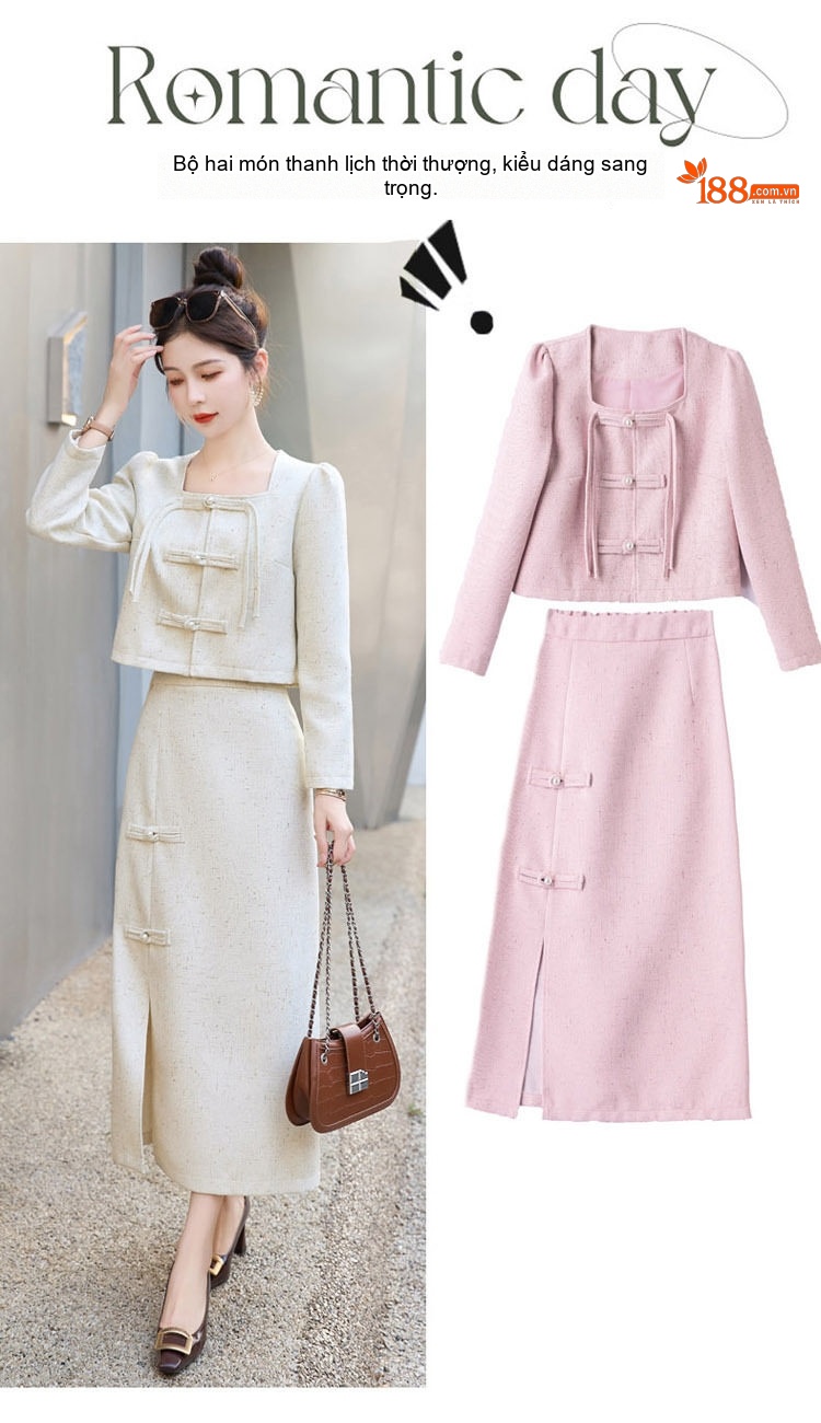 Set Áo Khoác và Chân Váy Dáng Tiểu Thư Thiết Kế Trung Hoa Cách Tân Thanh Lịch Tôn Dáng Màu Trắng, Hồng chi tiết 3