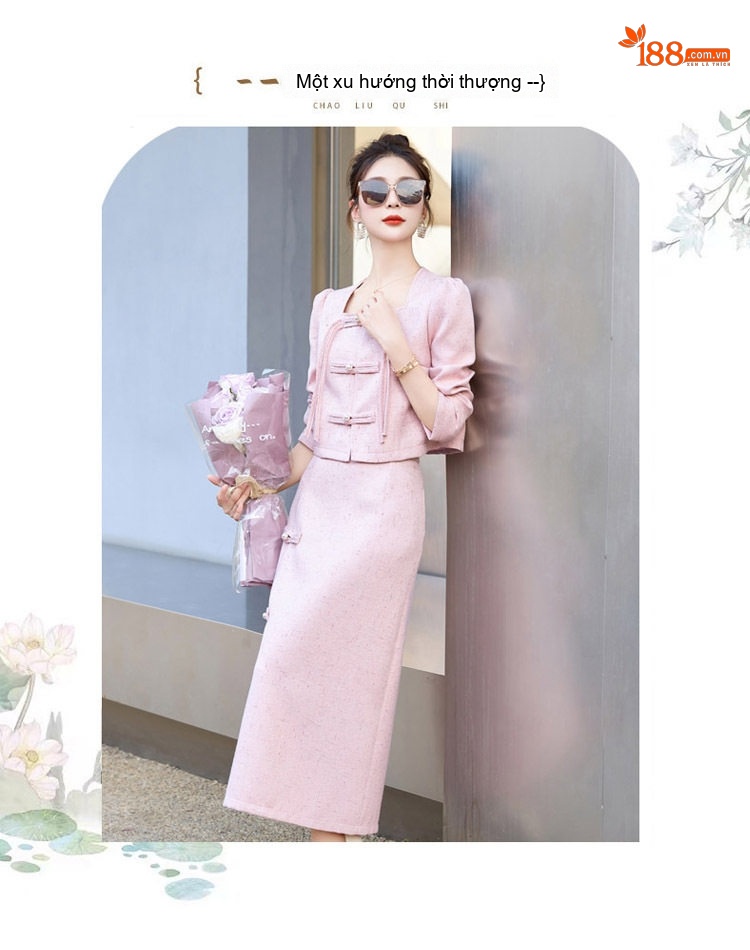 Set Áo Khoác và Chân Váy Dáng Tiểu Thư Thiết Kế Trung Hoa Cách Tân Thanh Lịch Tôn Dáng Màu Trắng, Hồng chi tiết 5