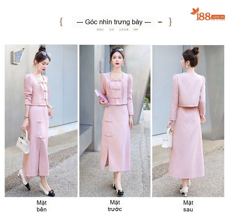 Set Áo Khoác và Chân Váy Dáng Tiểu Thư Thiết Kế Trung Hoa Cách Tân Thanh Lịch Tôn Dáng Màu Trắng, Hồng chi tiết 7