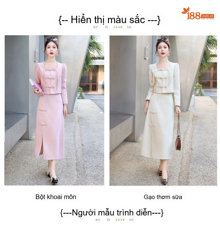 Set Áo Khoác và Chân Váy Dáng Tiểu Thư Thiết Kế Trung Hoa Cách Tân Thanh Lịch Tôn Dáng Màu Trắng, Hồng chi tiết 9