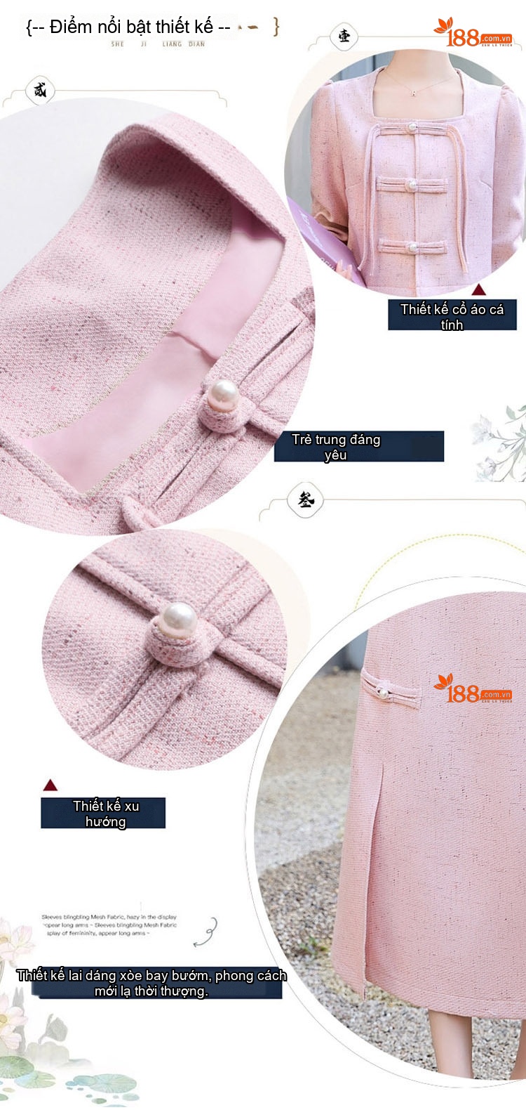 Set Áo Khoác và Chân Váy Dáng Tiểu Thư Thiết Kế Trung Hoa Cách Tân Thanh Lịch Tôn Dáng Màu Trắng, Hồng chi tiết 6