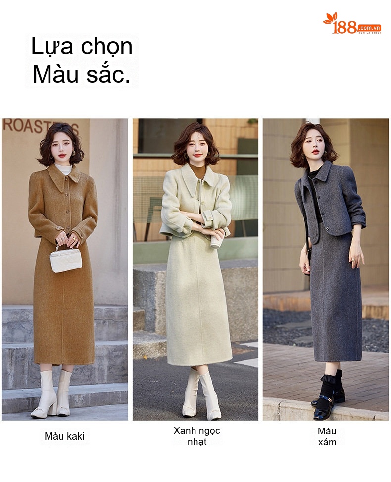 Set Áo Khoác Và Chân Váy Nữ Hai Mặt Vải Lông Cừu Phong Cách Tiểu Thư Màu Nâu, Kem, Xám chi tiết 9