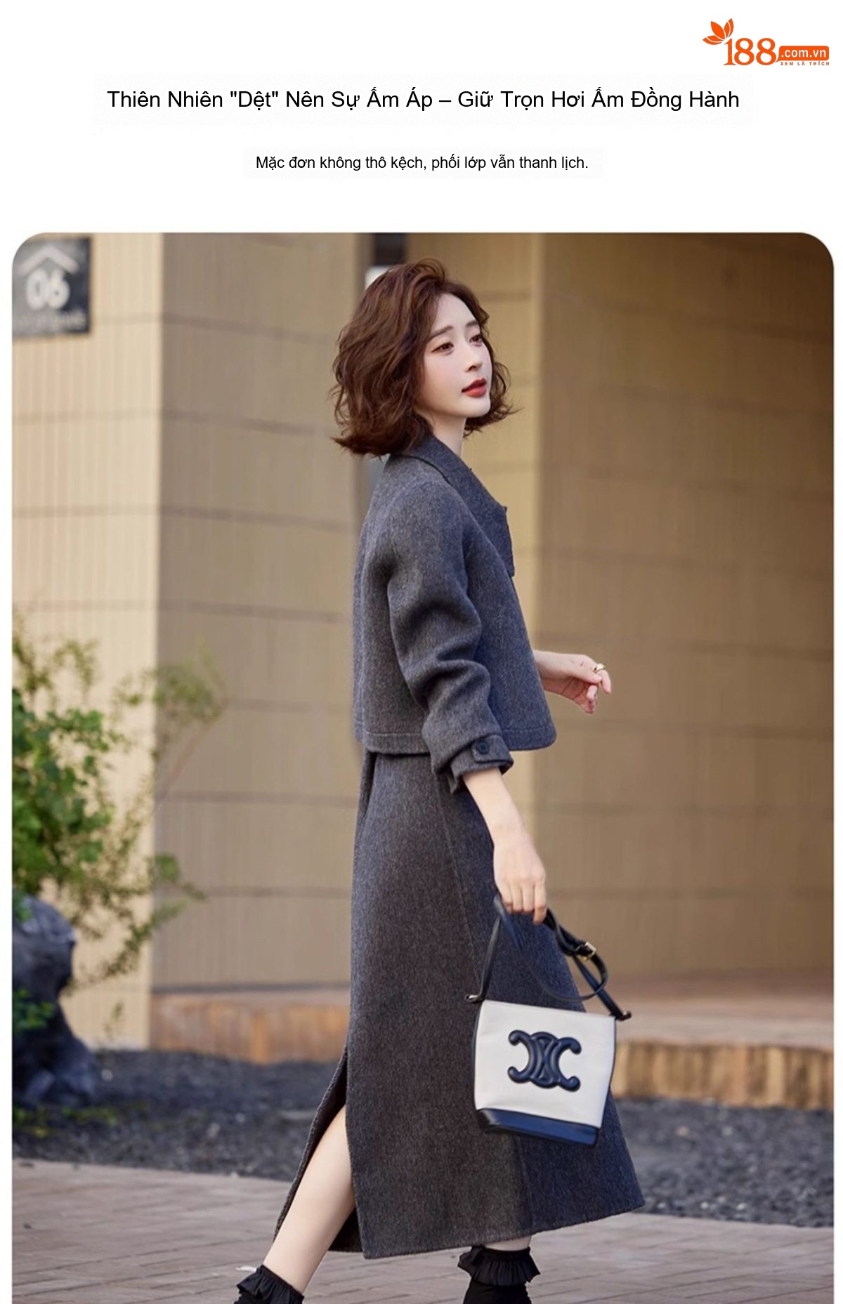 Set Áo Khoác Và Chân Váy Nữ Hai Mặt Vải Lông Cừu Phong Cách Tiểu Thư Màu Nâu, Kem, Xám chi tiết 13