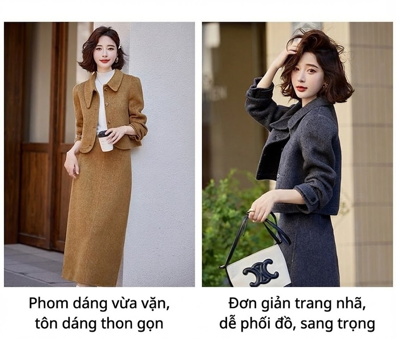 Set Áo Khoác Và Chân Váy Nữ Hai Mặt Vải Lông Cừu Phong Cách Tiểu Thư Màu Nâu, Kem, Xám chi tiết 4