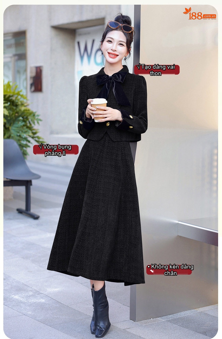 Set Áo Khoác và Chân Váy Tiểu Thư Phong Cách Thanh Lịch Màu Đỏ, Đen chi tiết 11