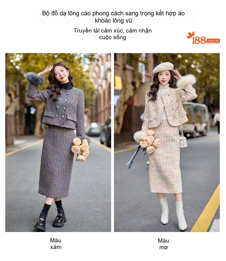 Set Áo Khoác và Chân Váy Tiểu Thư Vải Tweed Lót Lông Trắng chi tiết 4
