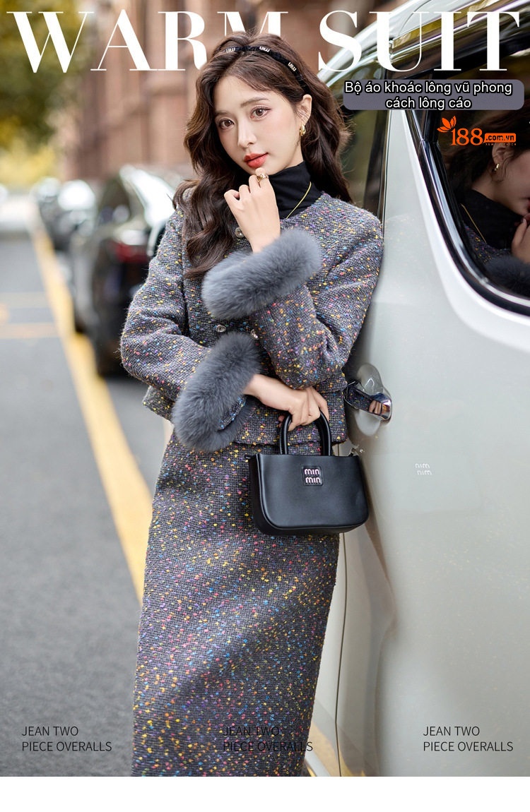 Set Áo Khoác và Chân Váy Tiểu Thư Vải Tweed Lót Lông Trắng chi tiết 5