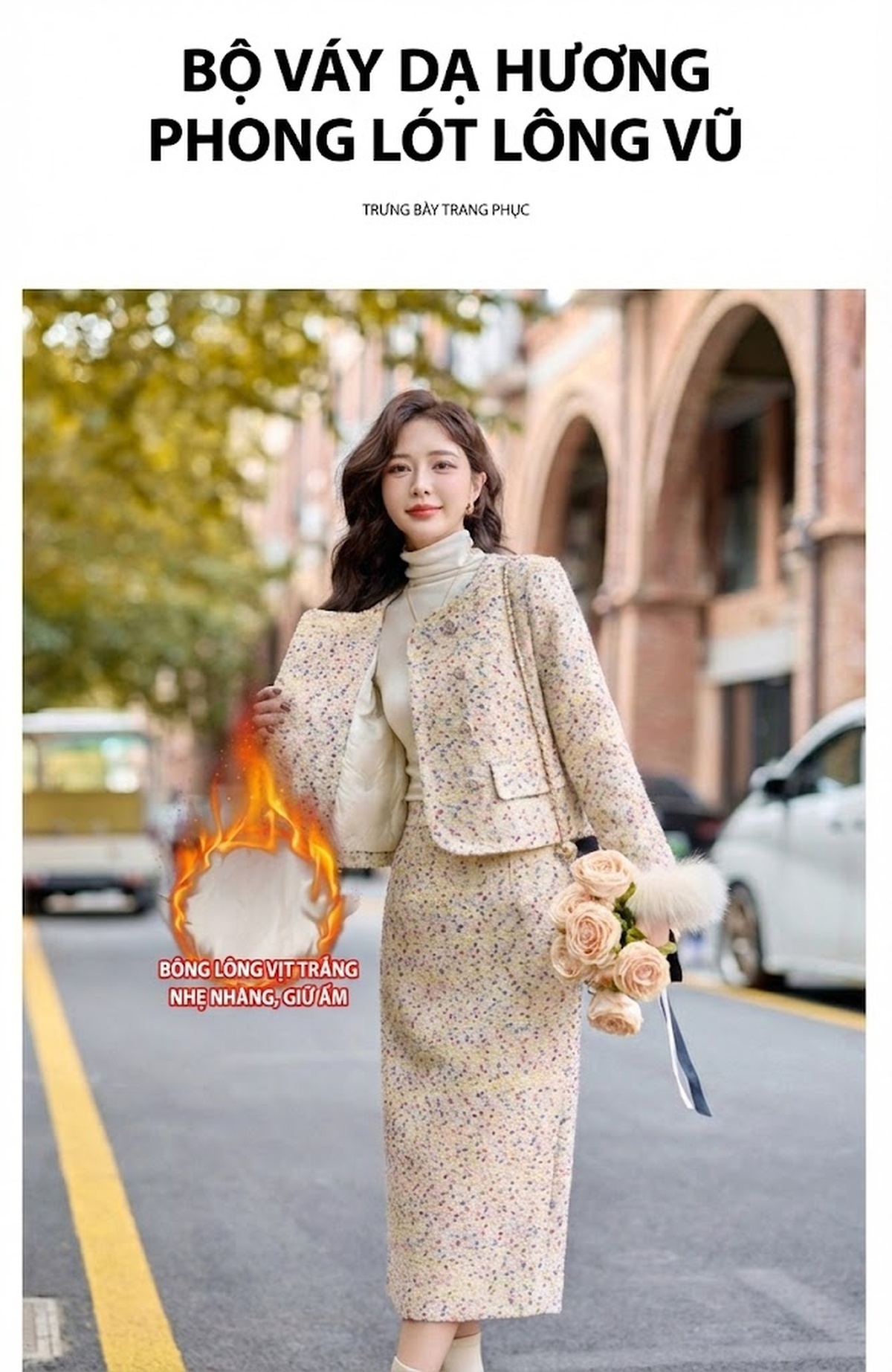 Set Áo Khoác và Chân Váy Tiểu Thư Vải Tweed Lót Lông Trắng chi tiết 8