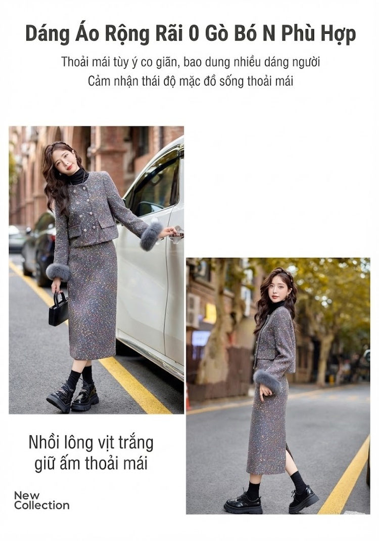 Set Áo Khoác và Chân Váy Tiểu Thư Vải Tweed Lót Lông Trắng chi tiết 10