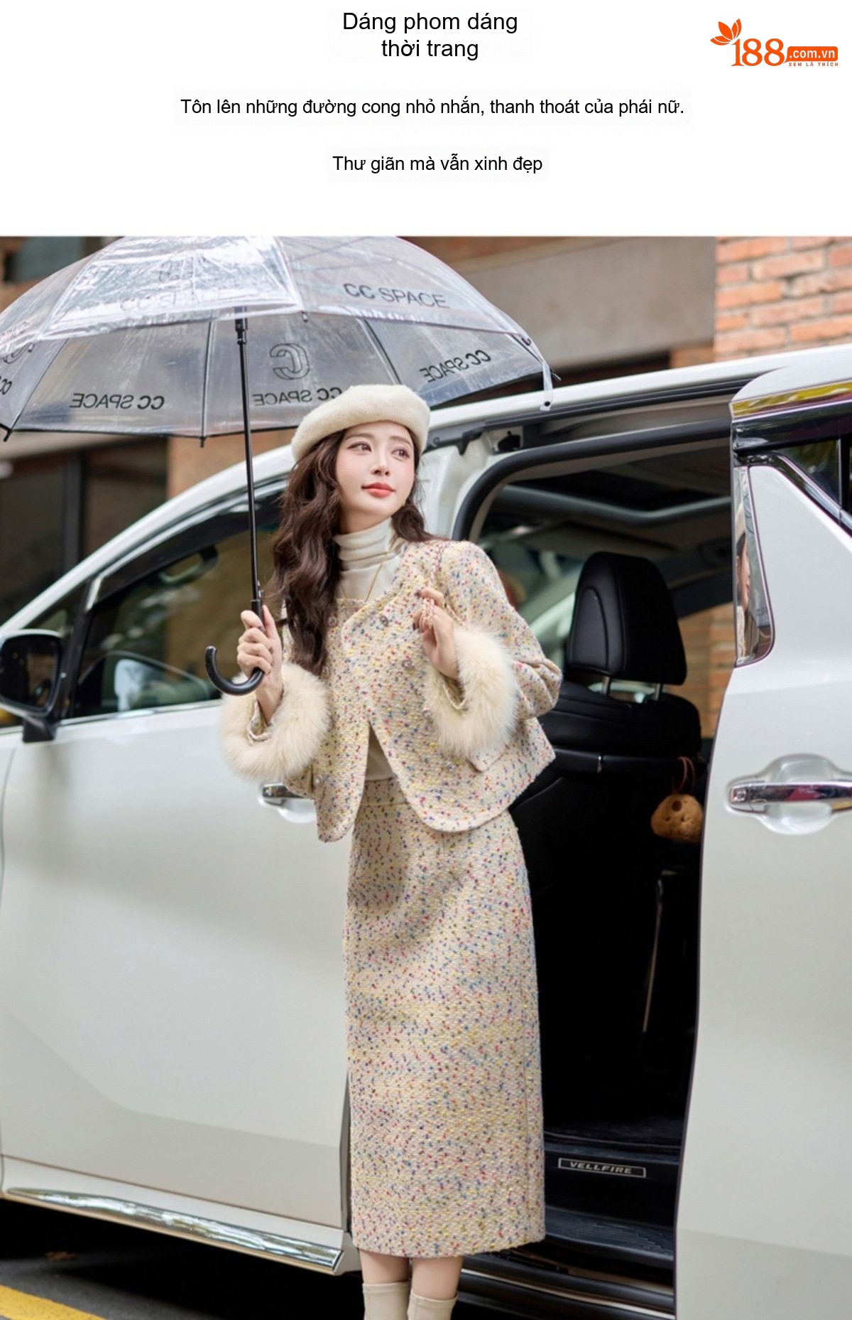 Set Áo Khoác và Chân Váy Tiểu Thư Vải Tweed Lót Lông Trắng chi tiết 13