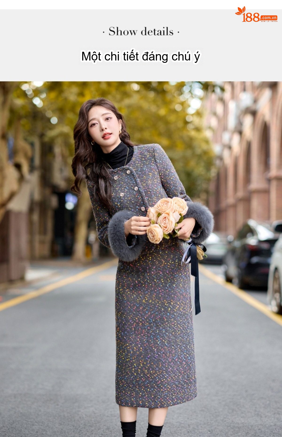 Set Áo Khoác và Chân Váy Tiểu Thư Vải Tweed Lót Lông Trắng chi tiết 15