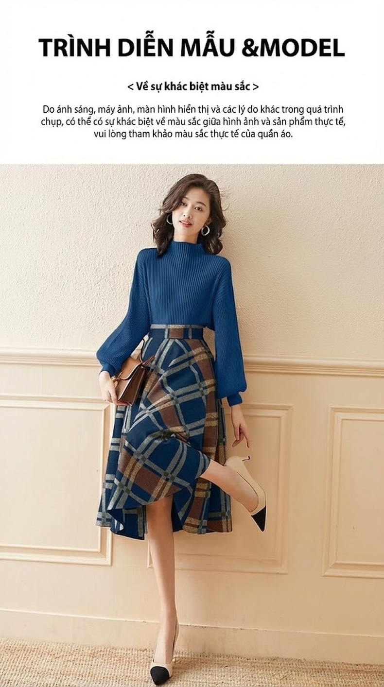 Set Áo Len Dệt Kim Tay Dơi Cổ Điển và Chân Váy Caro Thời Trang Thu Đông Màu Xanh, Nâu chi tiết 4