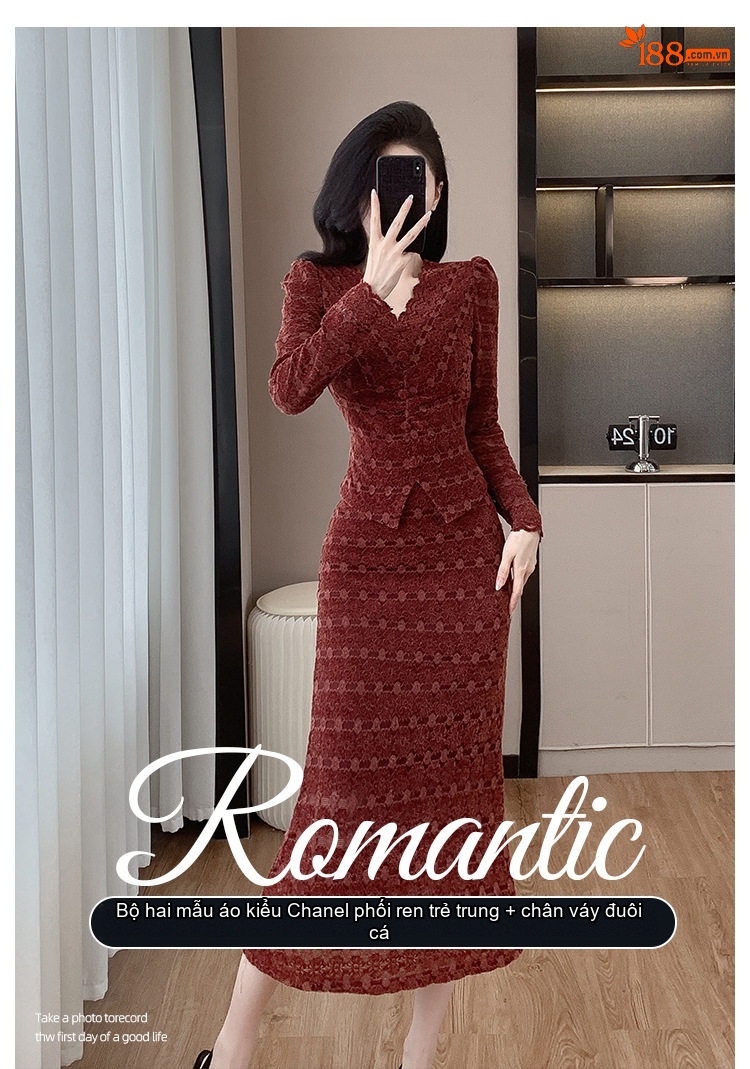 Set Áo Ren Tay Dài Cổ chữ V Chân Váy Đuôi Cá Thời Trang Nữ Màu Đen, Đỏ chi tiết 1