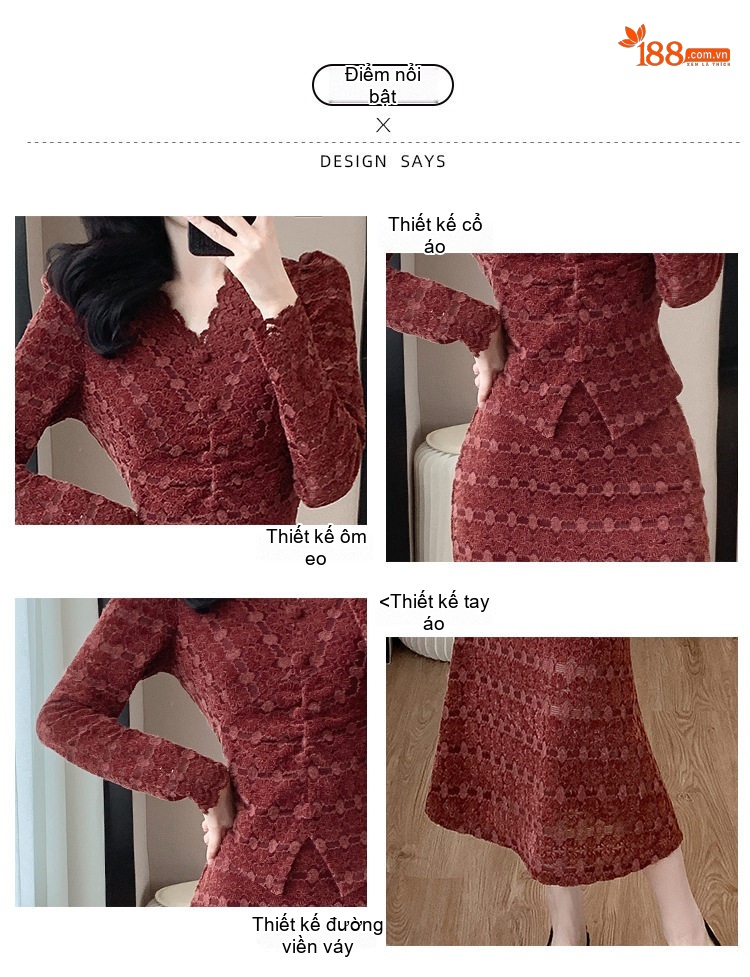 Set Áo Ren Tay Dài Cổ chữ V Chân Váy Đuôi Cá Thời Trang Nữ Màu Đen, Đỏ chi tiết 2