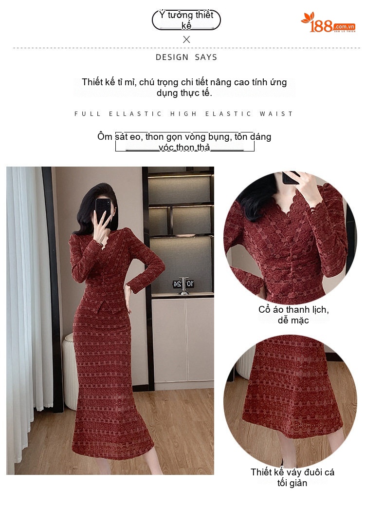 Set Áo Ren Tay Dài Cổ chữ V Chân Váy Đuôi Cá Thời Trang Nữ Màu Đen, Đỏ chi tiết 4