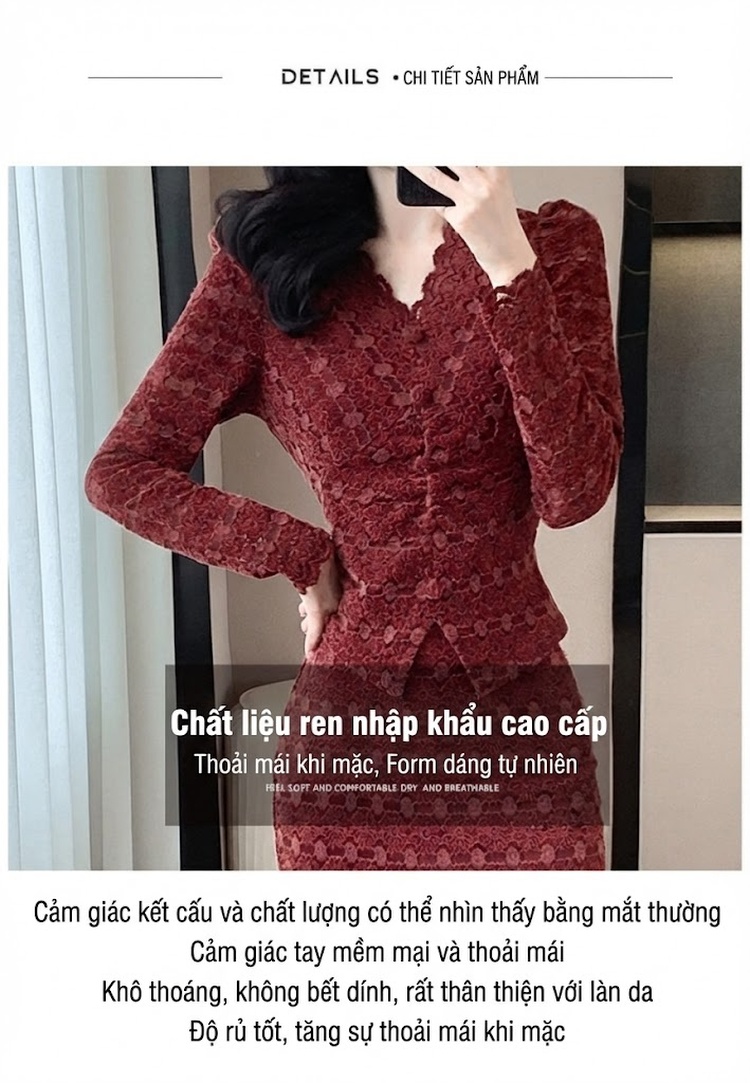 Set Áo Ren Tay Dài Cổ chữ V Chân Váy Đuôi Cá Thời Trang Nữ Màu Đen, Đỏ chi tiết 5