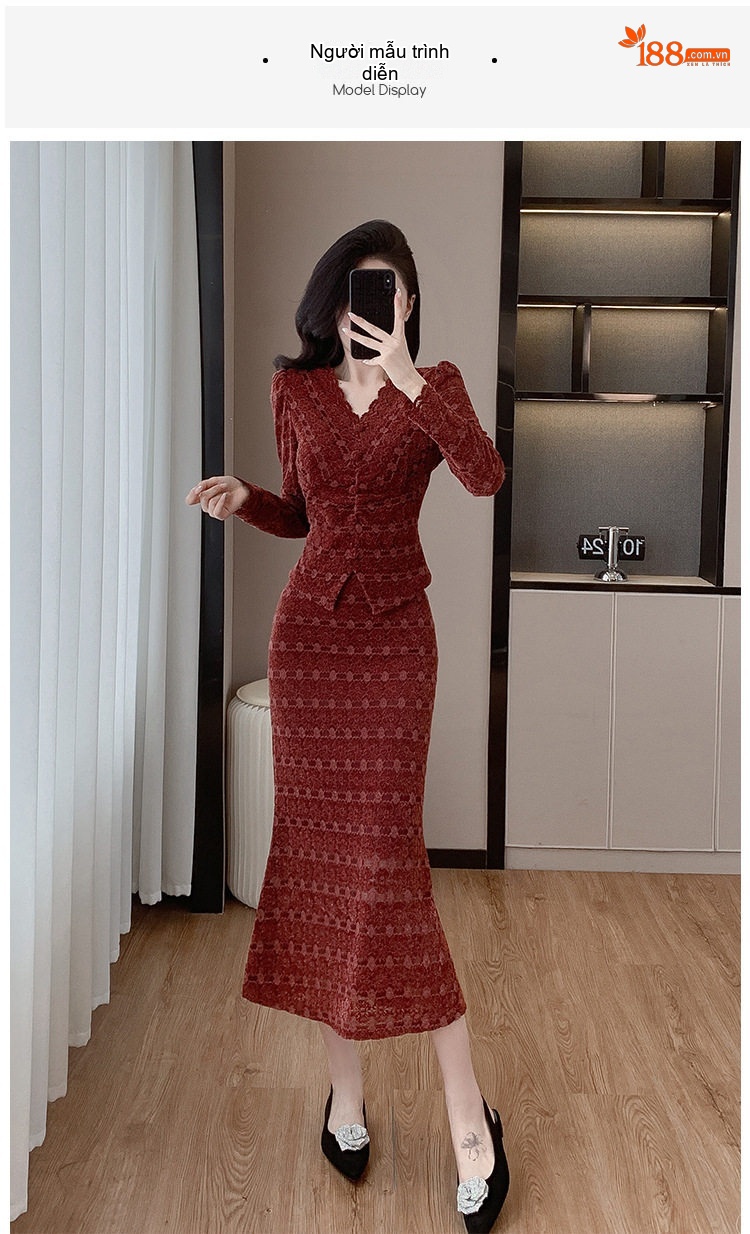 Set Áo Ren Tay Dài Cổ chữ V Chân Váy Đuôi Cá Thời Trang Nữ Màu Đen, Đỏ chi tiết 10