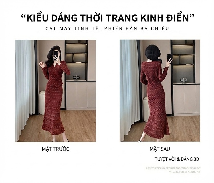 Set Áo Ren Tay Dài Cổ chữ V Chân Váy Đuôi Cá Thời Trang Nữ Màu Đen, Đỏ chi tiết 6