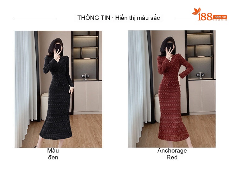 Set Áo Ren Tay Dài Cổ chữ V Chân Váy Đuôi Cá Thời Trang Nữ Màu Đen, Đỏ chi tiết 7