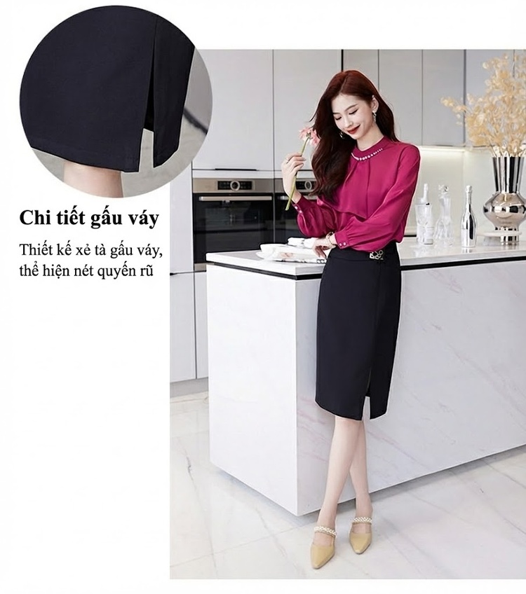 Set Áo Sơ Mi Nữ Cổ Lọ Tay Dài Kèm Chân Váy Bút Chì Lưng Cao Xẻ Tà Màu Trắng, Nâu, Xanh, Đỏ... chi tiết 6