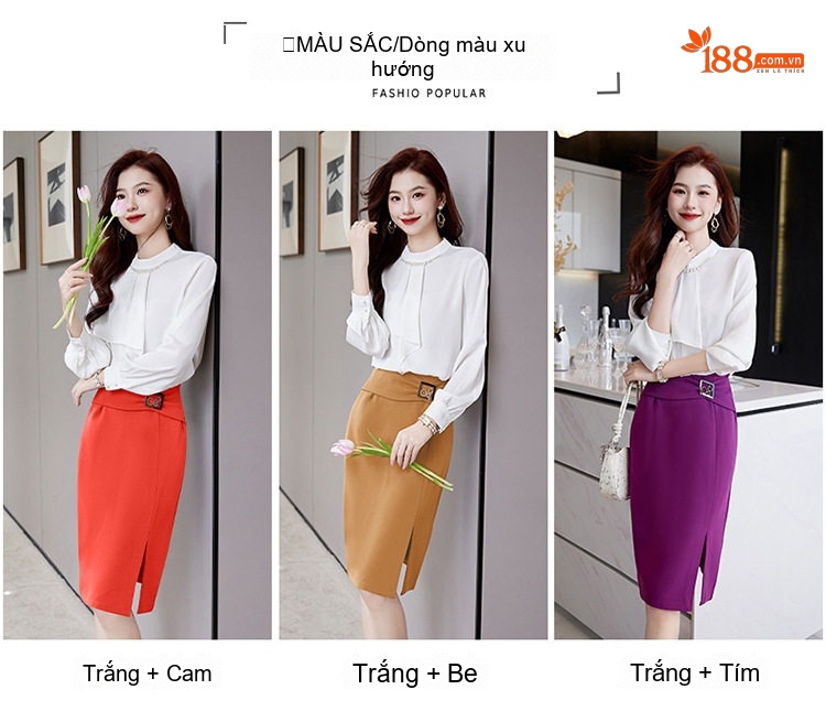Set Áo Sơ Mi Nữ Cổ Lọ Tay Dài Kèm Chân Váy Bút Chì Lưng Cao Xẻ Tà Màu Trắng, Nâu, Xanh, Đỏ... chi tiết 9