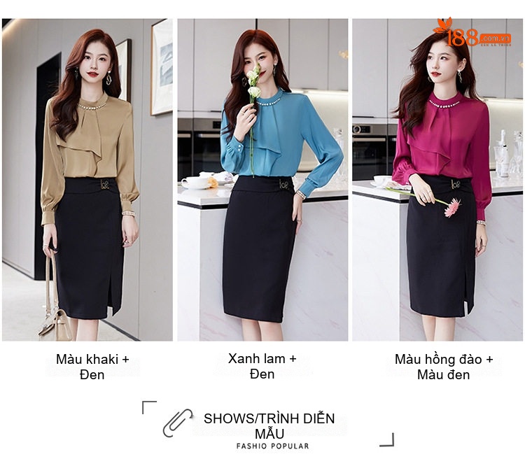 Set Áo Sơ Mi Nữ Cổ Lọ Tay Dài Kèm Chân Váy Bút Chì Lưng Cao Xẻ Tà Màu Trắng, Nâu, Xanh, Đỏ... chi tiết 10