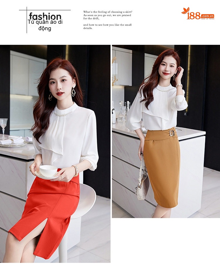 Set Áo Sơ Mi Nữ Cổ Lọ Tay Dài Kèm Chân Váy Bút Chì Lưng Cao Xẻ Tà Màu Trắng, Nâu, Xanh, Đỏ... chi tiết 15