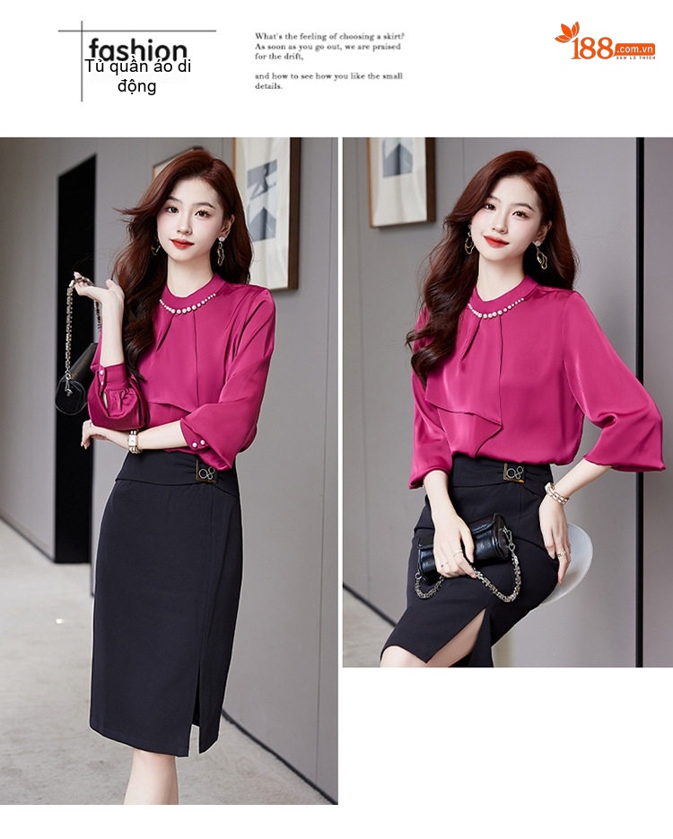 Set Áo Sơ Mi Nữ Cổ Lọ Tay Dài Kèm Chân Váy Bút Chì Lưng Cao Xẻ Tà Màu Trắng, Nâu, Xanh, Đỏ... chi tiết 27