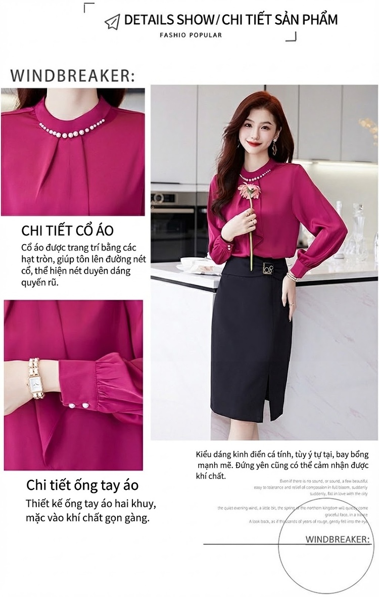 Set Áo Sơ Mi Nữ Cổ Lọ Tay Dài Kèm Chân Váy Bút Chì Lưng Cao Xẻ Tà Màu Trắng, Nâu, Xanh, Đỏ... chi tiết 5