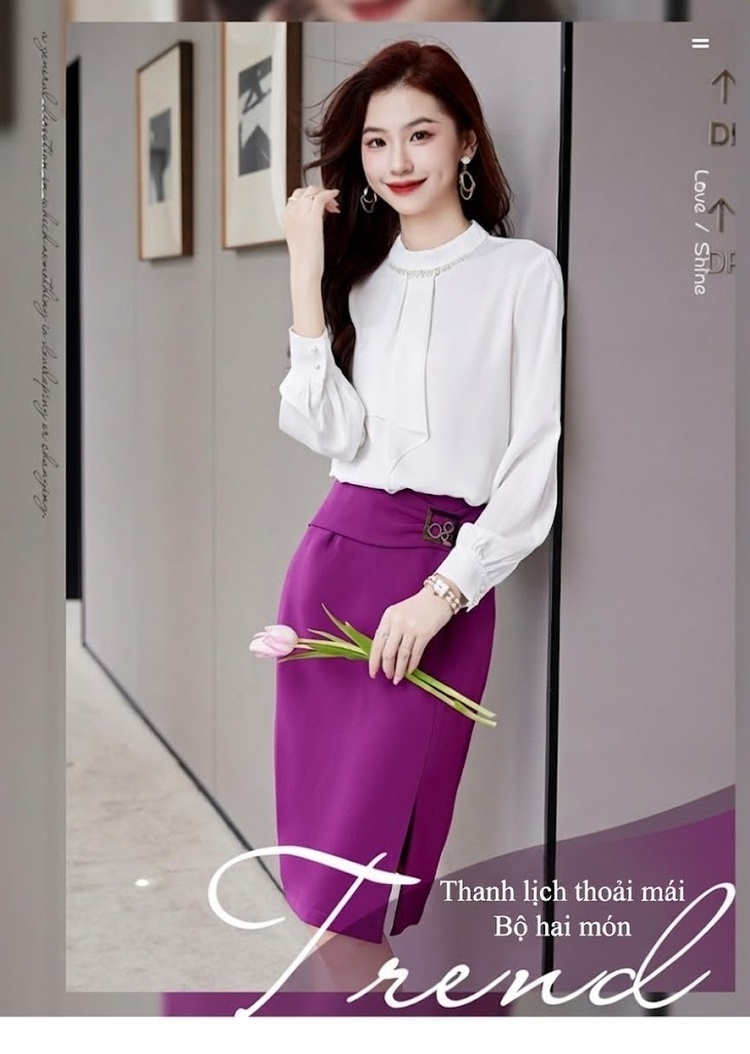 Set Áo Sơ Mi Nữ Cổ Lọ Tay Dài Kèm Chân Váy Bút Chì Lưng Cao Xẻ Tà Màu Trắng, Nâu, Xanh, Đỏ... chi tiết 1