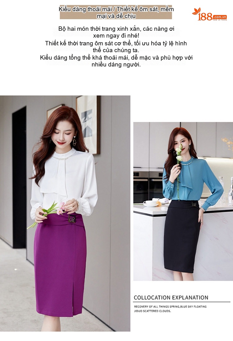 Set Áo Sơ Mi Nữ Cổ Lọ Tay Dài Kèm Chân Váy Bút Chì Lưng Cao Xẻ Tà Màu Trắng, Nâu, Xanh, Đỏ... chi tiết 2