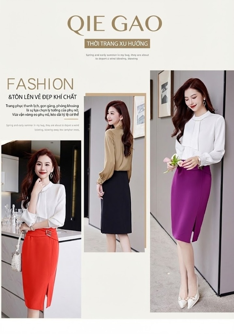 Set Áo Sơ Mi Nữ Cổ Lọ Tay Dài Kèm Chân Váy Bút Chì Lưng Cao Xẻ Tà Màu Trắng, Nâu, Xanh, Đỏ... chi tiết 4