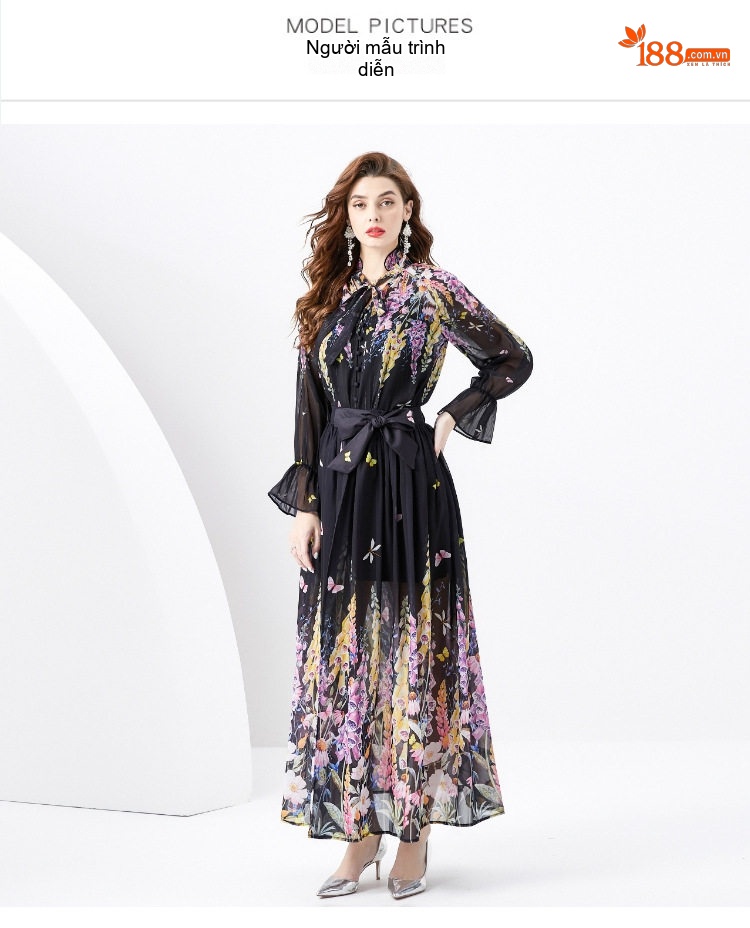 Set Áo Sơ Mi Nữ Tay Dài Chiffon Và Chân Váy Dài In Họa Tiết Phong Cách Pháp chi tiết 1