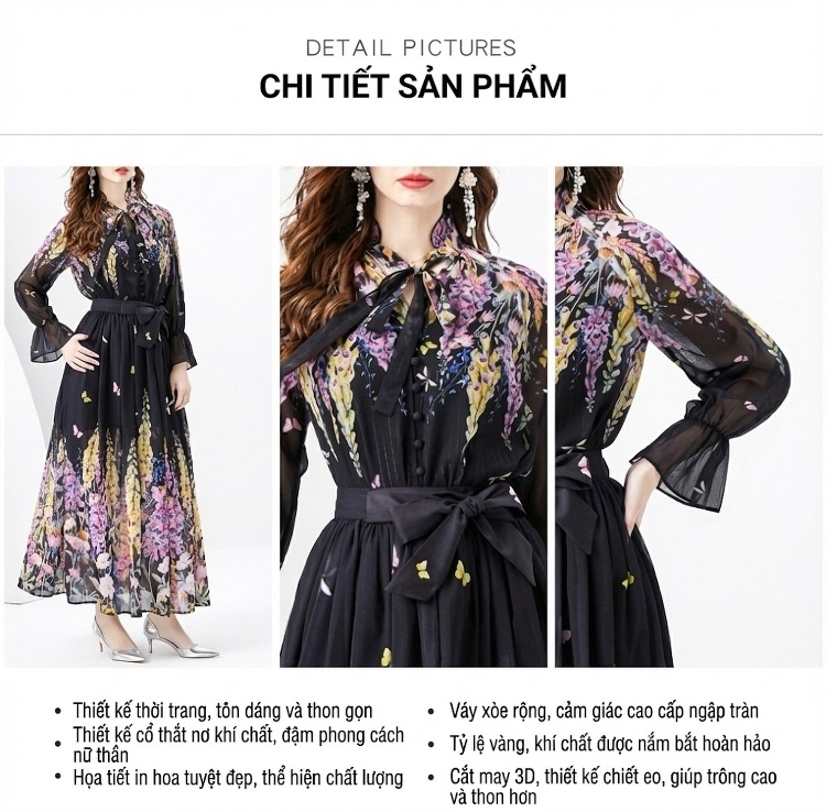 Set Áo Sơ Mi Nữ Tay Dài Chiffon Và Chân Váy Dài In Họa Tiết Phong Cách Pháp chi tiết 11