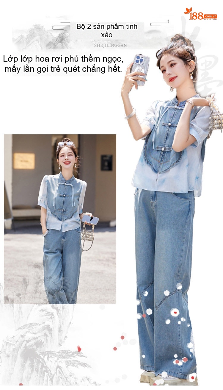 Set Áo Sơ Mi Tay Ngắn Quần Ống Rộng Phong Cách Trung Hoa chi tiết 2