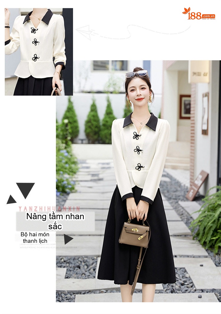 Set Áo Tay Dài Cổ Điển và Chân Váy Midi Cạp Cao Phong Cách Pháp Màu Trắng Kem, Nâu, Đen chi tiết 2