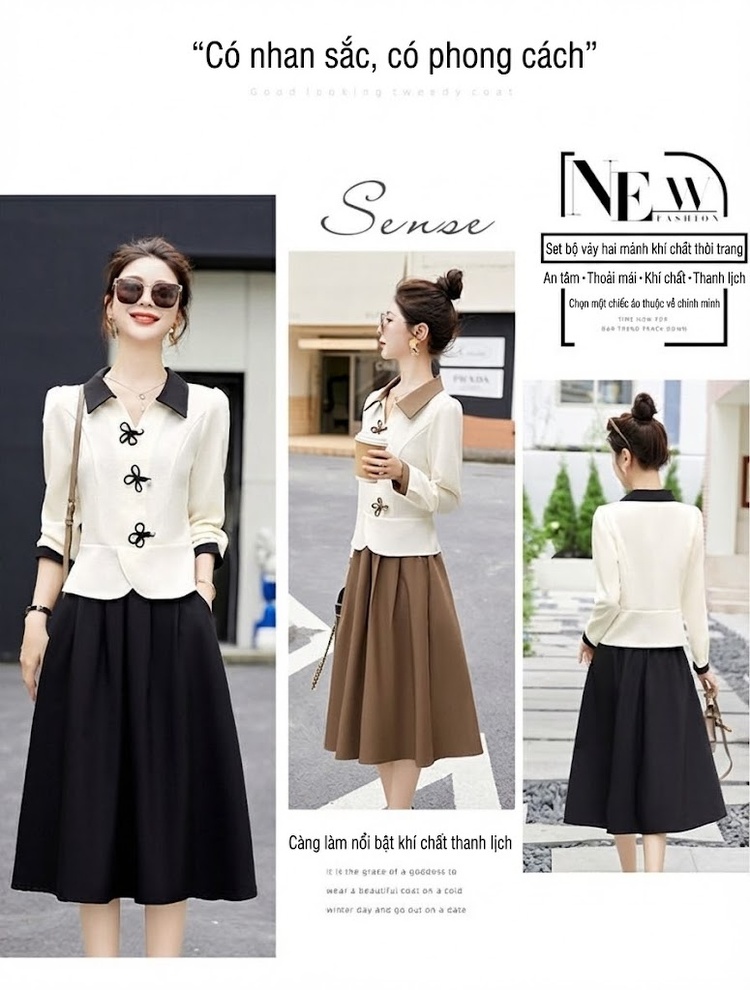 Set Áo Tay Dài Cổ Điển và Chân Váy Midi Cạp Cao Phong Cách Pháp Màu Trắng Kem, Nâu, Đen chi tiết 4