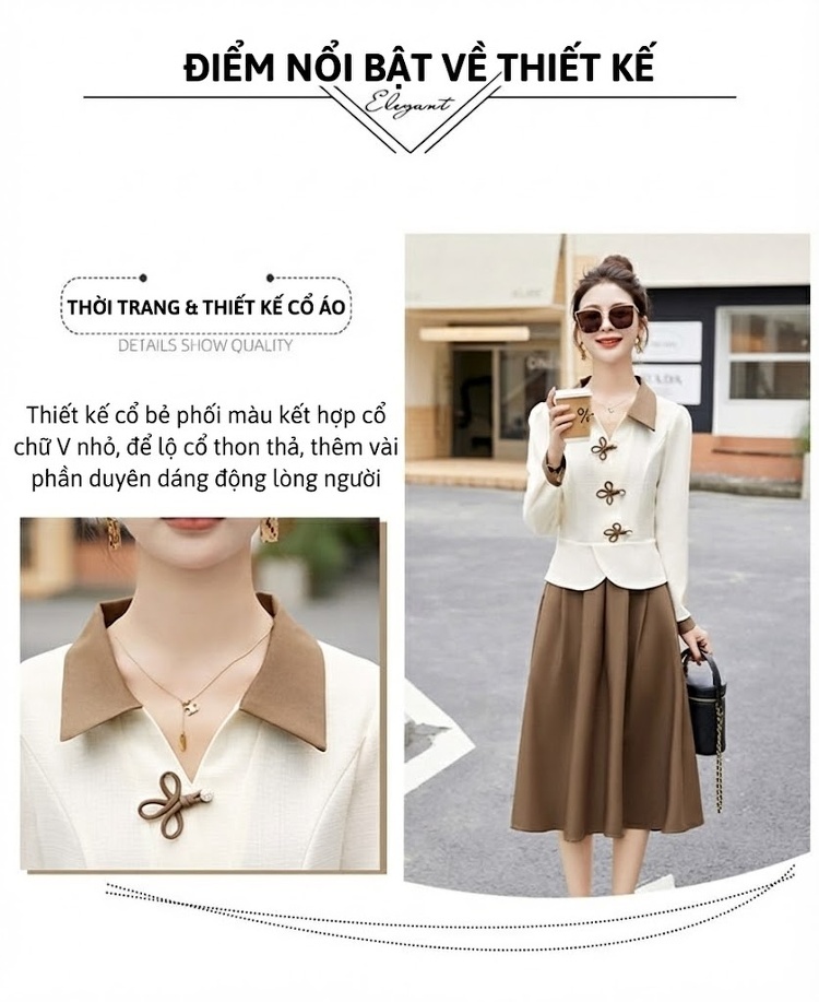 Set Áo Tay Dài Cổ Điển và Chân Váy Midi Cạp Cao Phong Cách Pháp Màu Trắng Kem, Nâu, Đen chi tiết 6