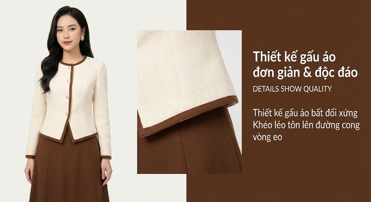 Set Áo Tay Dài Cổ Điển và Chân Váy Midi Cạp Cao Phong Cách Pháp Màu Trắng Kem, Nâu, Đen chi tiết 7